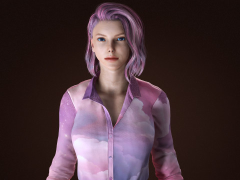 Stylish Female 3D Character Cloud-Themed Outfit Pink Hair Realistic Render Ready 3D Модель
