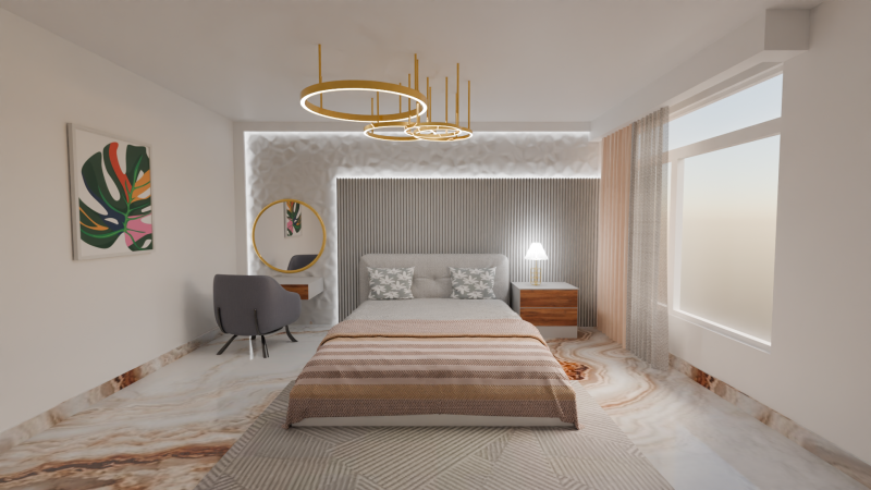 Modern Luxury Bedroom 3D Scene Elegant Interior with Vanity Gold Lights 3D 模型 .c4d .max .obj .3ds .fbx .stl .blend