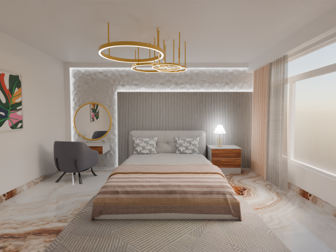 Modern Luxury Bedroom 3D Scene Elegant Interior with Vanity Gold Lights 3D 모델