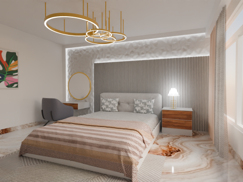 Modern Luxury Bedroom 3D Scene Elegant Interior with Vanity Gold Lights 3D 模型