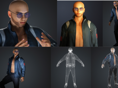 Realistic Male Character Rigged Game Ready Jacket and Glasses Outfit 3D Model