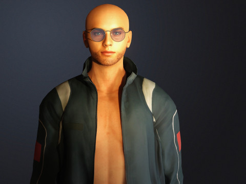 Realistyczna męska postać, gotowa do gry kurtka i okulary Model 3D