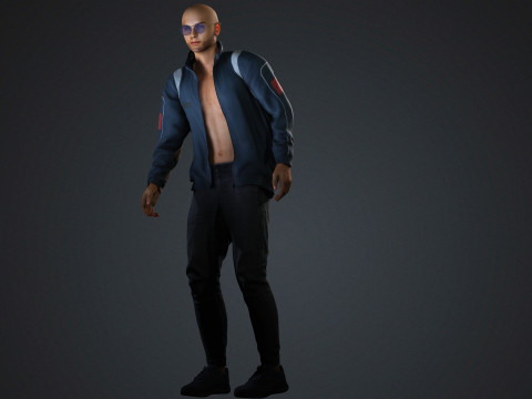 Realistyczna męska postać, gotowa do gry kurtka i okulary Model 3D