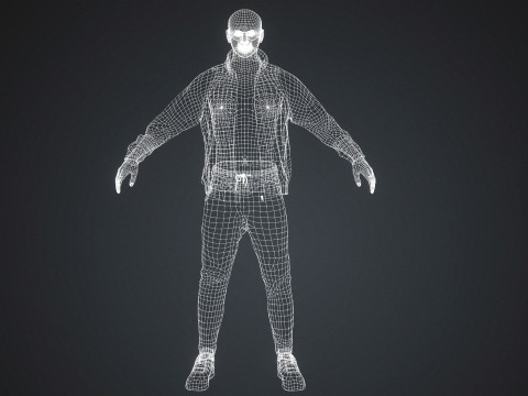 Realistyczna męska postać, gotowa do gry kurtka i okulary Model 3D