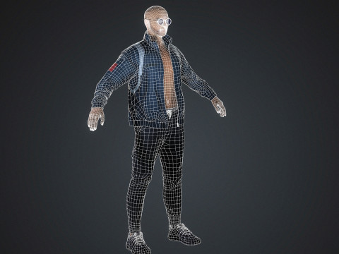 Realistyczna męska postać, gotowa do gry kurtka i okulary Model 3D