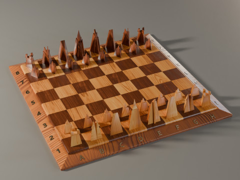 Wooden Chessboard With Pieces 3D Model