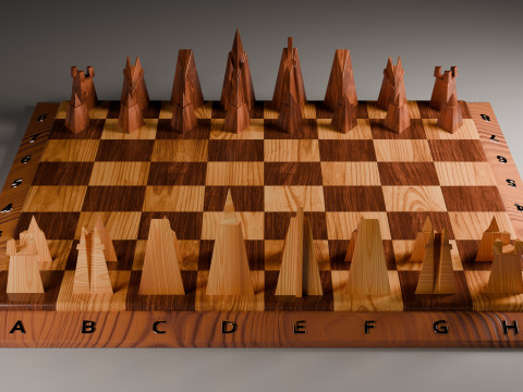 Wooden Chessboard With Pieces 3D 模型