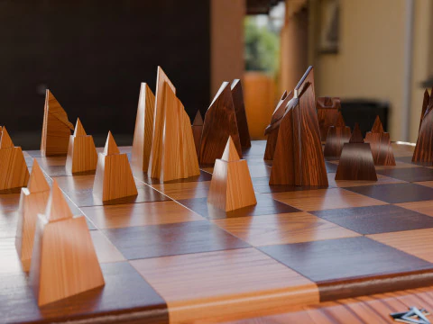 Wooden Chessboard With Pieces 3D Model