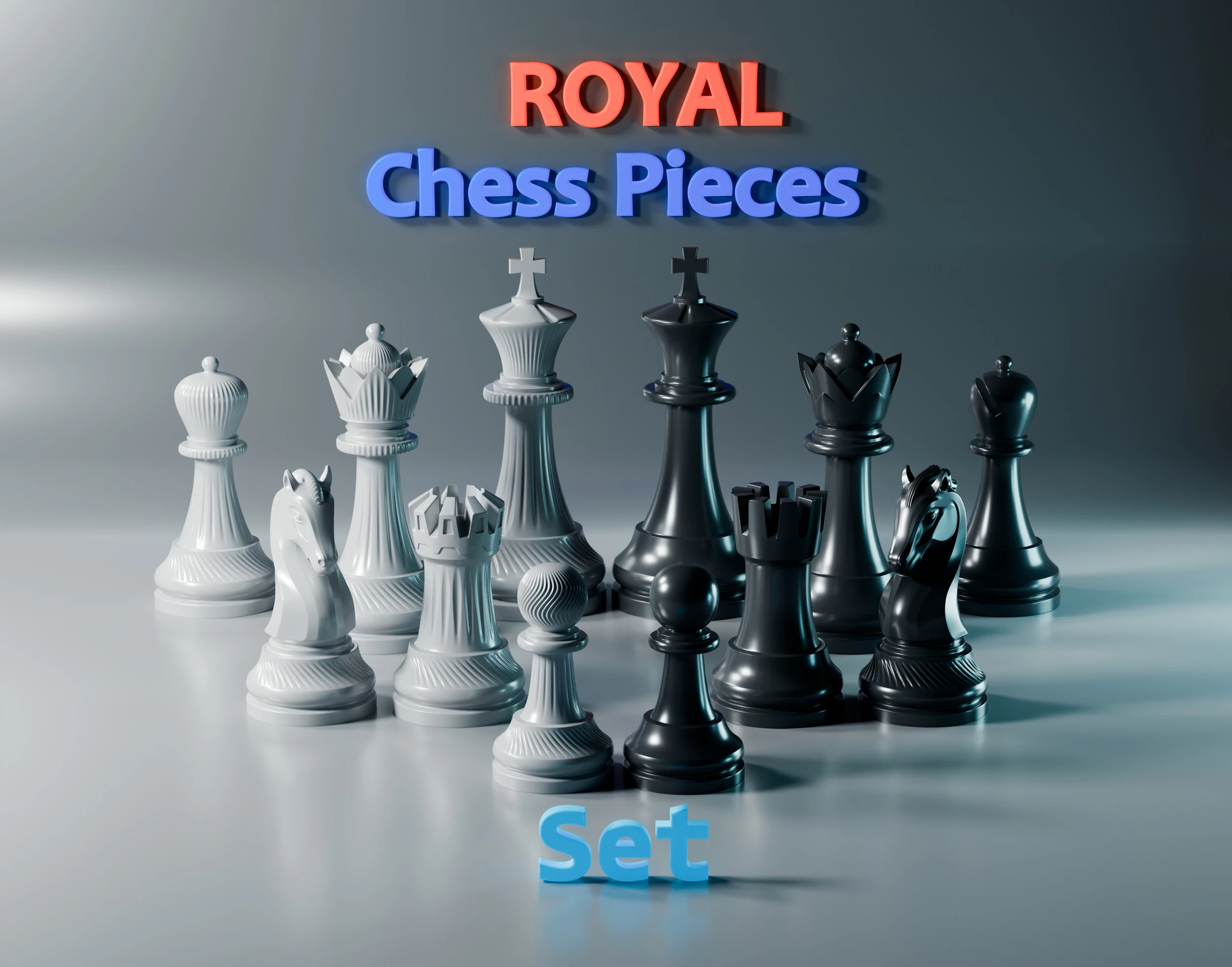 Royal Chess pieces Set 3D Print Model .c4d .max .obj .3ds .fbx .stl .blend