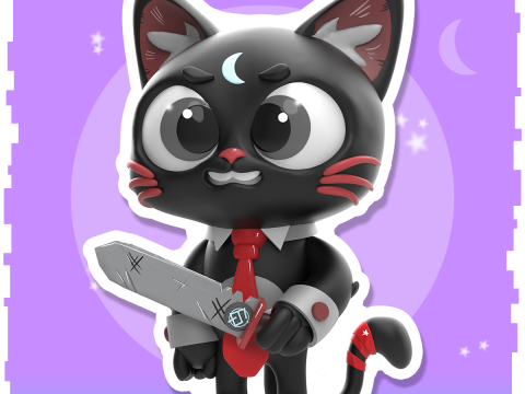 Black Kitty with sword 3D Print Model