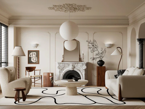 Роскошный интерьер гостиной-столовой, сцена26 3D Модель