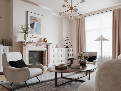 豪華なリビングルームダイニングルームインテリアシーン30 3Dモデル