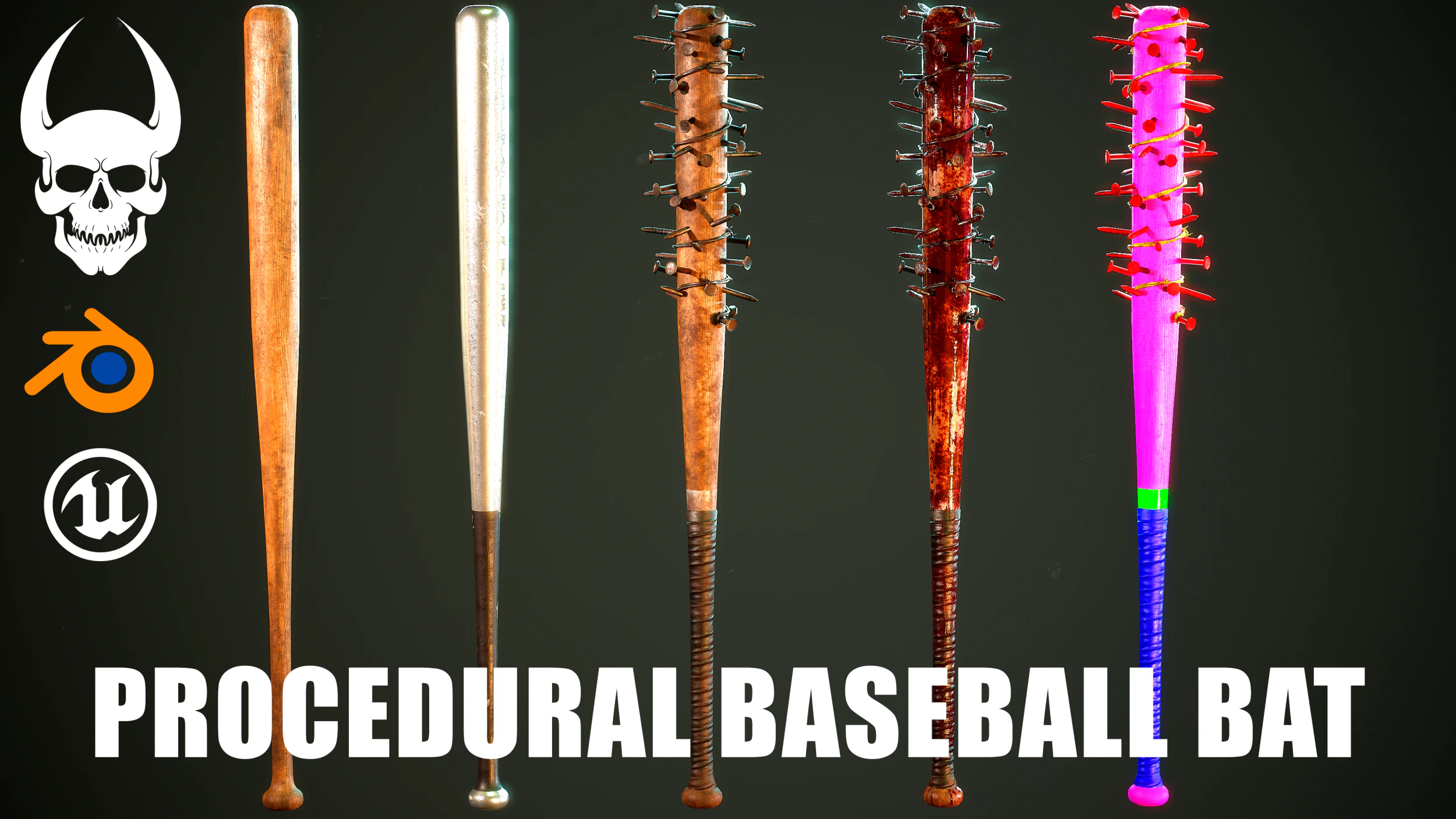 PROCEDURAL BASEBALL BAT Customize the baseball bat materials and meshes 3D Model .c4d .max .obj .3ds .fbx .stl .blend 