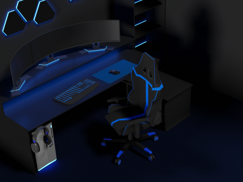 Lowpoly Gamingsetup gaming desk with lighting Modèle 3D