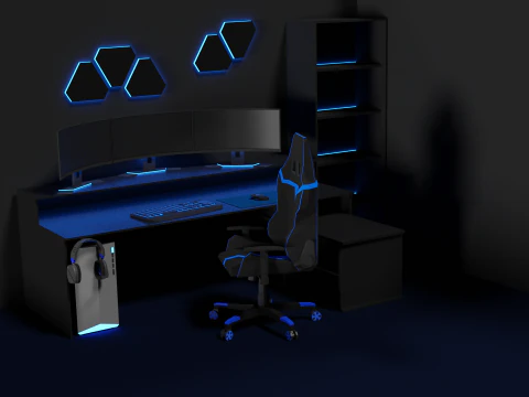 Lowpoly Gamingsetup gaming desk with lighting 3D Model
