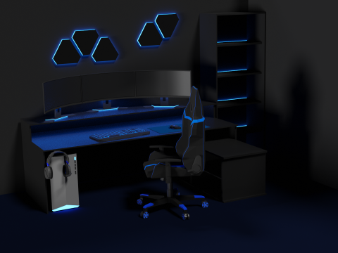 Lowpoly Gamingsetup gaming desk with lighting Modèle 3D