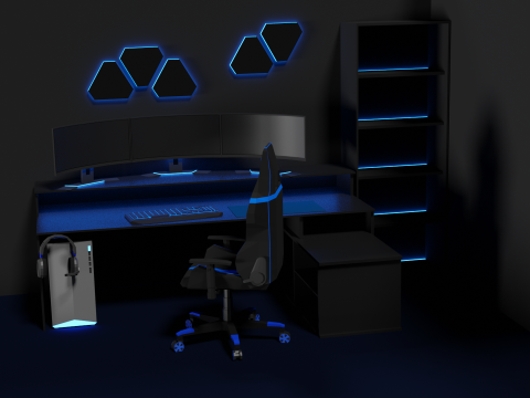 Lowpoly Gamingsetup gaming desk with lighting Modèle 3D