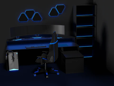 Lowpoly Gamingsetup gaming desk with lighting 3D Model