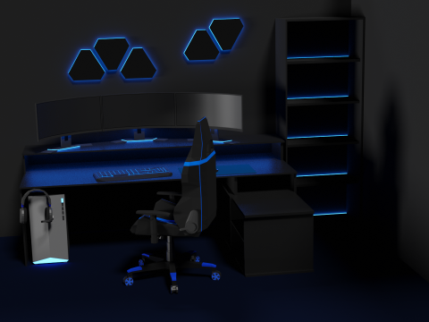 Lowpoly Gamingsetup gaming desk with lighting Modèle 3D