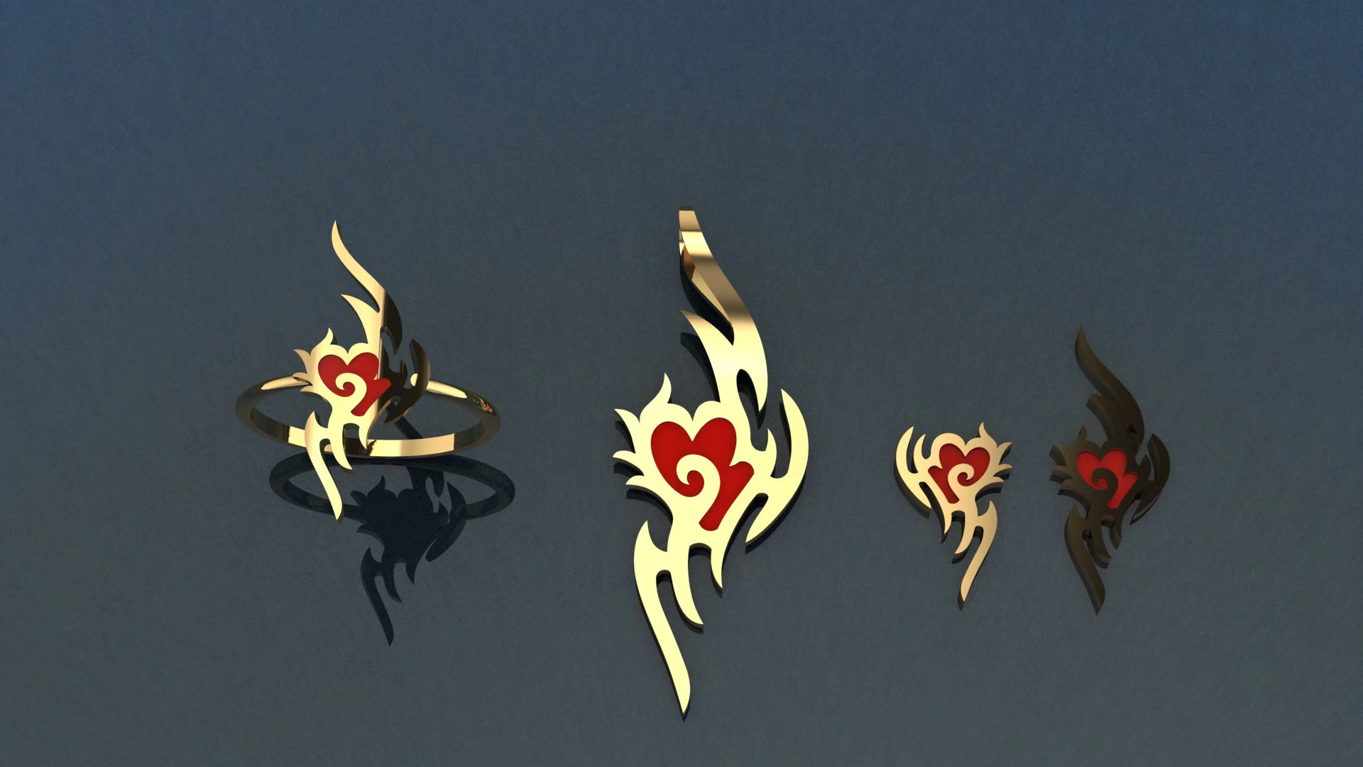 Enameled Golden heart jewelry set - ring pendant and earrings - 3D printable 3D Model .c4d .max .obj .3ds .fbx .stl .blend 