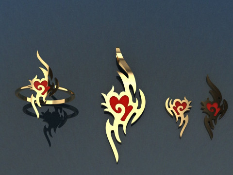 Enameled Golden heart jewelry set - ring pendant and earrings - 3D printable 3D Model