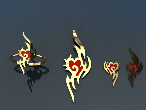 エナメル加工のゴールデン ハート ジュエリー セット - リング ペンダントとイヤリング - 3D 印刷可能 3Dモデル