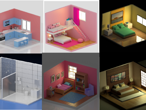 Pack with 6 separate isometric environments Modello 3D