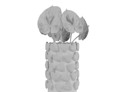 Bouquet of red anthurium in a red clay vase 3D Model