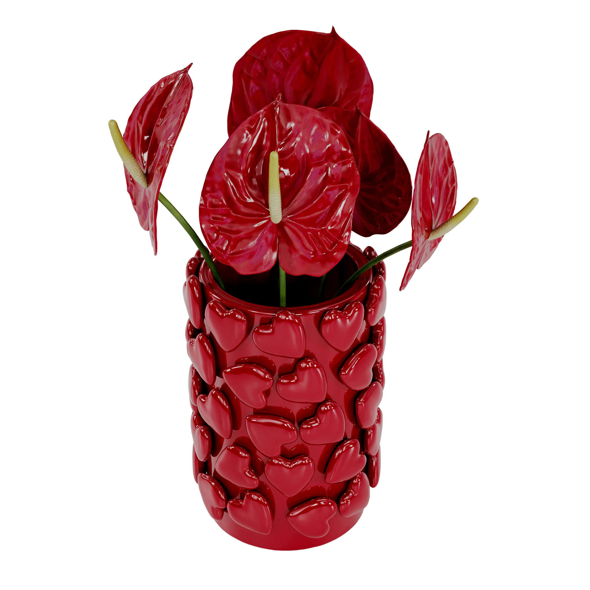 Bouquet of red anthurium in a red clay vase 3D Model .c4d .max .obj .3ds .fbx .stl .blend 