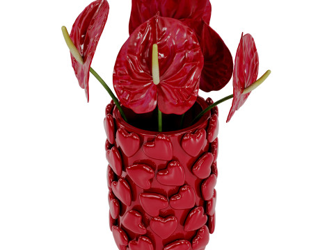 Bouquet of red anthurium in a red clay vase 3D Model