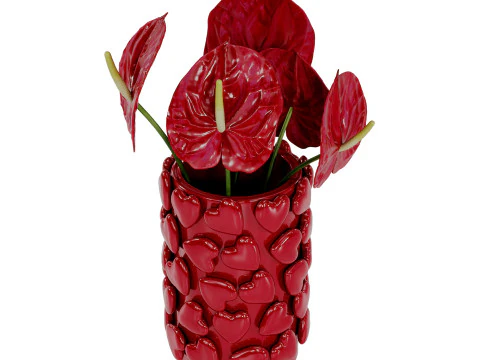 Bouquet of red anthurium in a red clay vase 3D Model