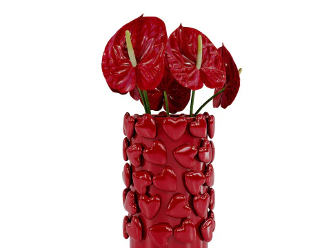 Bouquet of red anthurium in a red clay vase 3D Model