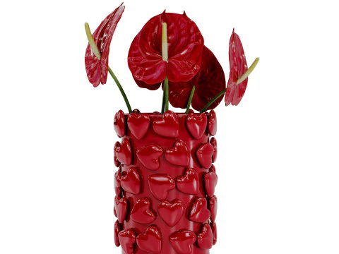 Bouquet of red anthurium in a red clay vase 3D Model