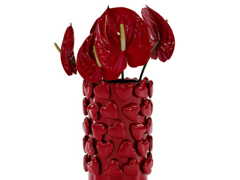 Bouquet of red anthurium in a red clay vase 3D Model