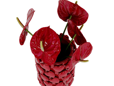 Bouquet of red anthurium in a red clay vase 3D 모델