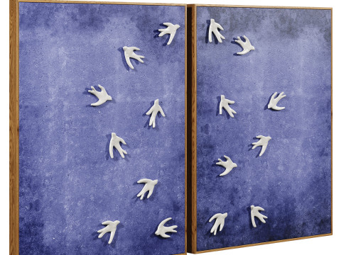 Wall art with ceramic birds on a textured blue surface 3D 模型