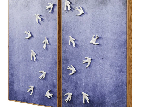 Wall art with ceramic birds on a textured blue surface 3D Model