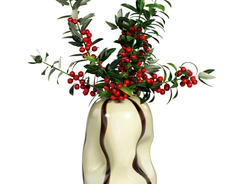 Decorative floral arrangement with red berries and green foliage in a sculptural vase Skimmia Model 3D