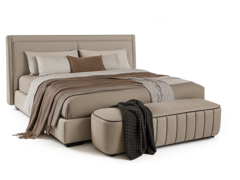 Modern Beige Upholstered Bed with Matching ottoman 3D Model