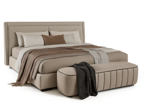 Tempat Tidur Berlapis Krem Modern dengan ottoman yang serasi Model 3D