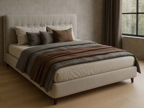 Beige Upholstered Bed with Cushioned Headboard 3D 모델