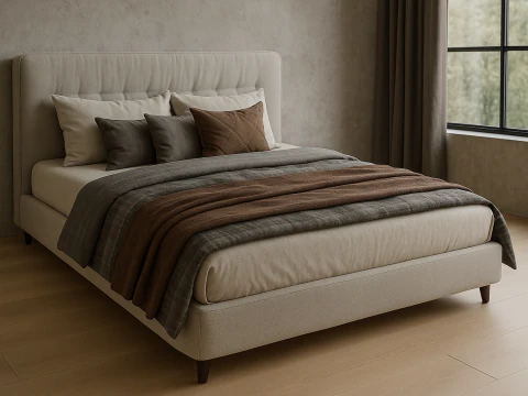 Minderli Başlıklı Bej Döşemeli Yatak 3D Model