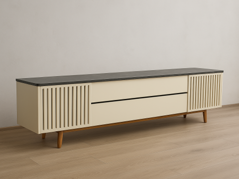 Modern TV Console with Storage Cream Black Finish 3D Модель