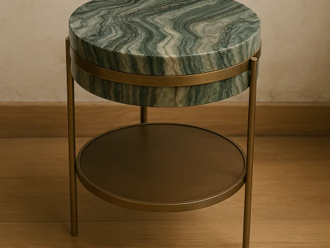 Runder Beistelltisch aus gr&uuml;nem Marmor mit goldenem Sockel 3D Modell