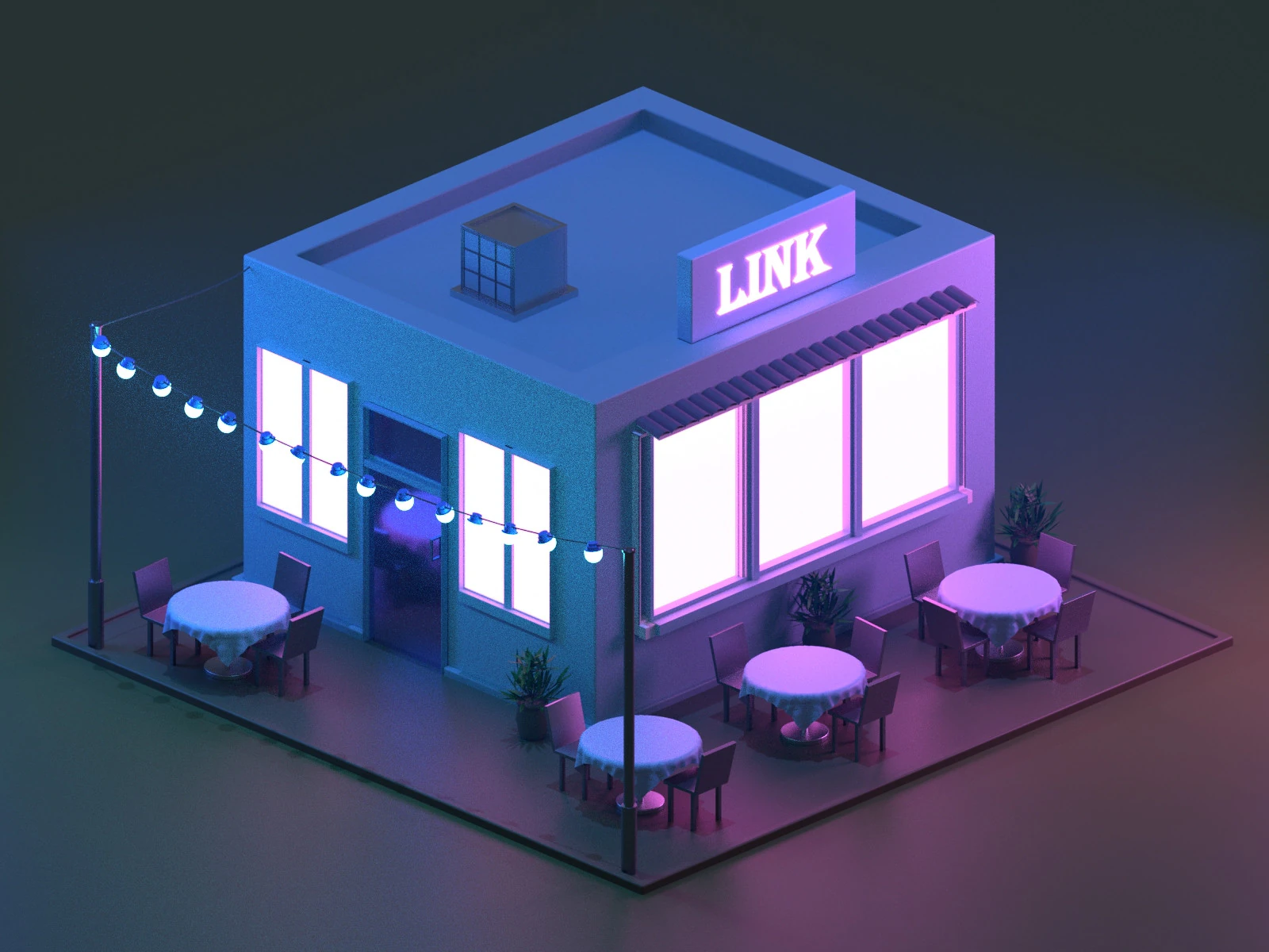 Low Poly Night Cafe estilizado jogo de constru&ccedil;&atilde;o 3D pronto ativo Modelo 3D .c4d .max .obj .3ds .fbx .stl .blend 