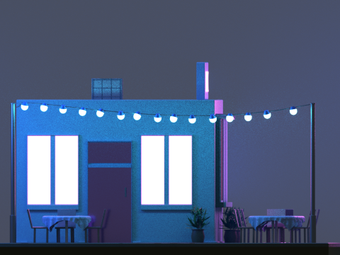 Low Poly Night Cafe Stylized 3D Building Game Ready Asset 3D Model
