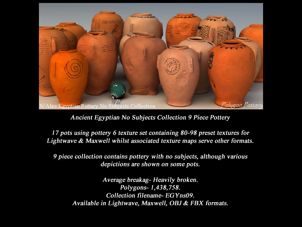 Egyptian No Subjects Collection 9 Piece Pottery 3D Model .c4d .max .obj .3ds .fbx .stl .blend 