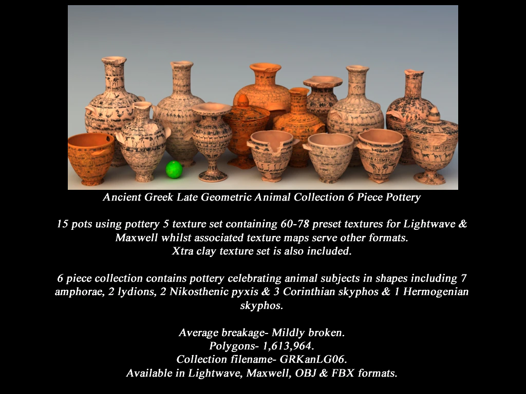 Cole&ccedil;&atilde;o de animais geom&eacute;tricos tardios gregos, cer&acirc;mica de 6 pe&ccedil;as Modelo 3D .c4d .max .obj .3ds .fbx .stl .blend 