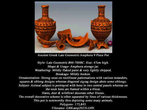 Greek Late Geometric Animal Collection 9 Piece Pottery 3D Model