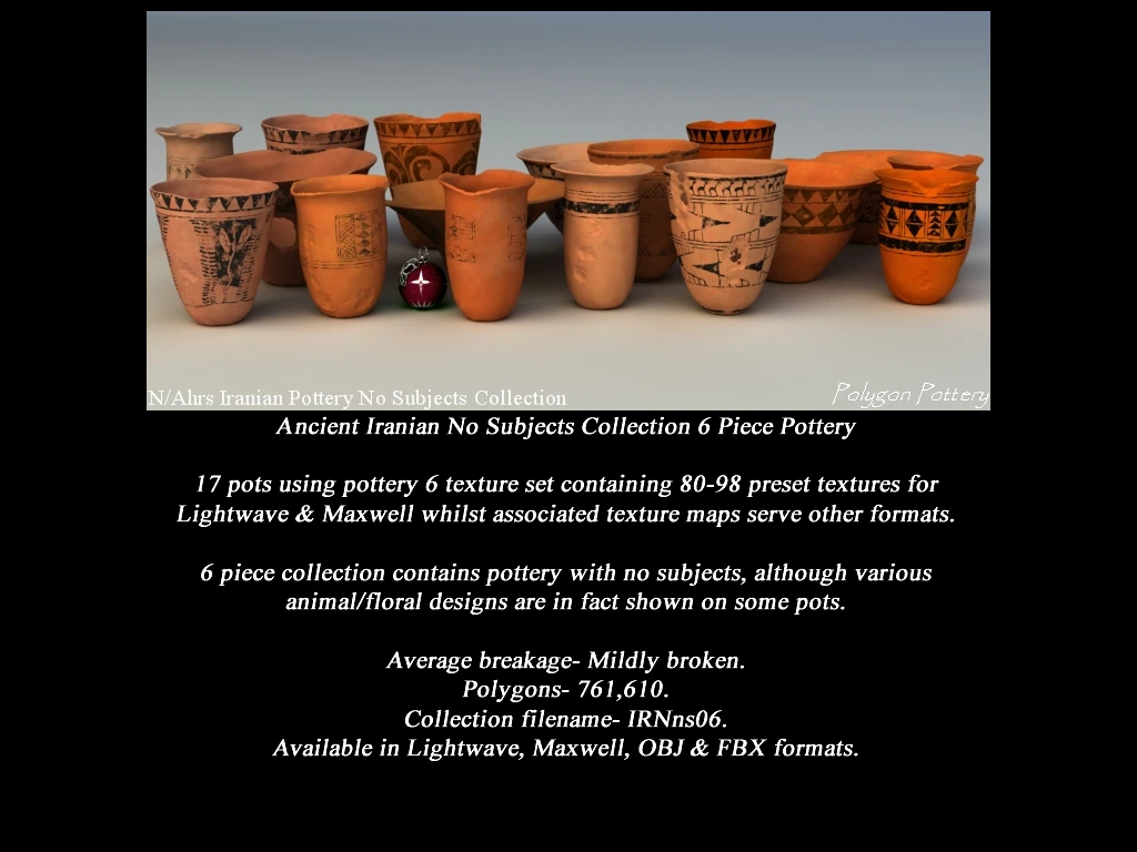 Iranian No Subjects Collection 6 Piece Pottery 3D Model .c4d .max .obj .3ds .fbx .stl .blend